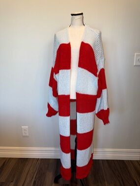 Women’s Crochet Knit Open Duster Cardigan Color Block Blue Red Approx Size L/XL